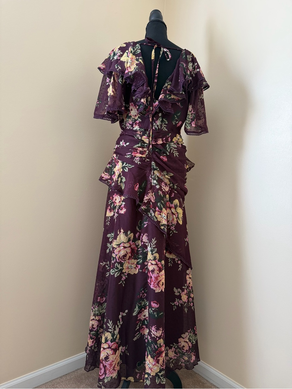 ASOS Ladies Floral Ruffle Maxi Dress in Plum Floral - Picture 3 of 5